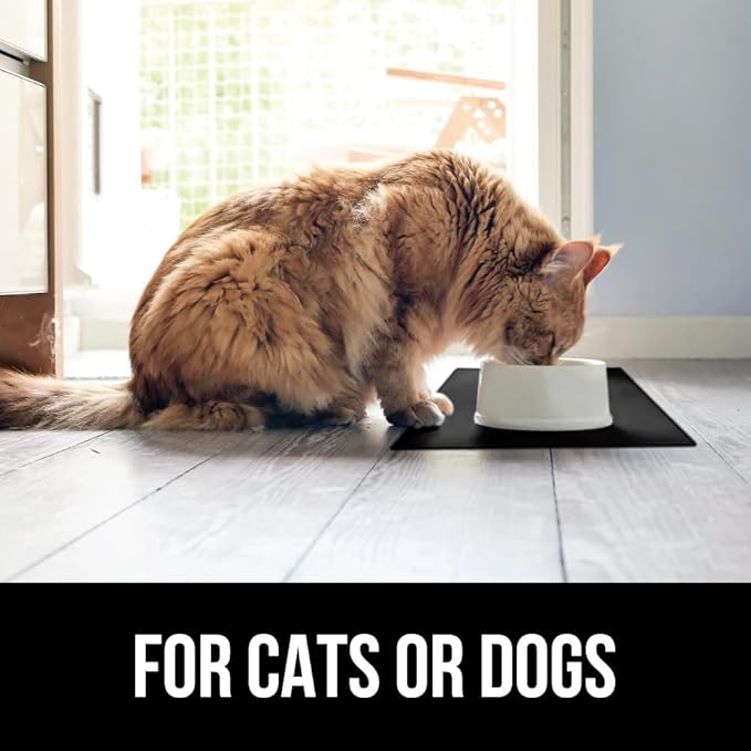 GORILLA GRIP 100% Waterproof Raised Edge BPA Free Silicone Pet Feeding Mat, Dog Cat Food Mats Contain Spills Protects Floors, Placemats for Cats and Dogs Water Bowl, Pets Accessories 16x10, Black-PurrikoPets