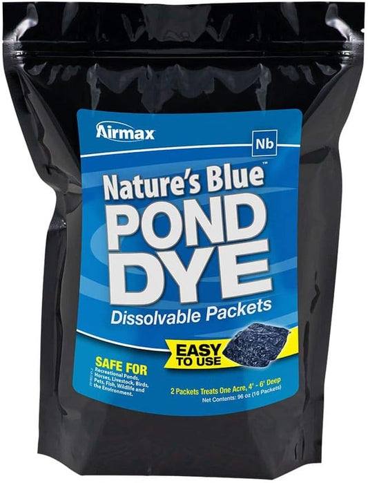 Airmax Pond Dye Packets Nature's Blue Colorant for Large Pond & Lake, Beneficial UV Blocking Color Concentrate, Maintain Clean & Clear Water, Fish & Animal Safe, 16 Soluble Packets-PurrikoPets