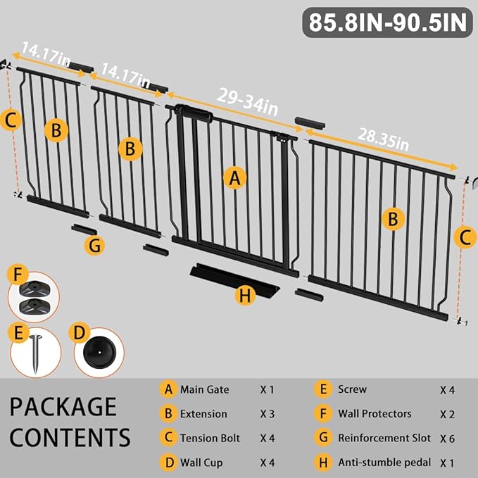 Fairy Baby Extra Wide Baby Gate 85.8-90.5 Inch Wide, Walk Through Pressure Mounted No Drill, Long and Large Tension Gate for Pet and Kids-PurrikoPets