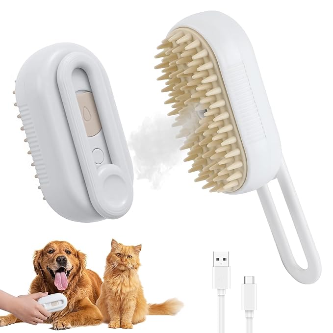 4 in 1 Cat Steam Brush Rechargeable pet spray comb Steam Brush for Cats and Dogs, Massage, Cleaning, Shedding & Combing Multifunctional Hair Removal Anti Static Grooming Tool for home (White)-PurrikoPets