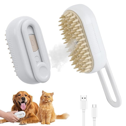 4 in 1 Cat Steam Brush Rechargeable pet spray comb Steam Brush for Cats and Dogs, Massage, Cleaning, Shedding & Combing Multifunctional Hair Removal Anti Static Grooming Tool for home (White)-PurrikoPets