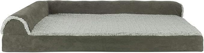 Furhaven Cooling Gel Dog Bed for Large Dogs w/ Removable Bolsters & Washable Cover, For Dogs Up to 95 lbs - Two-Tone Plush Faux Fur & Suede L Shaped Chaise - Dark Sage, Jumbo/XL-PurrikoPets