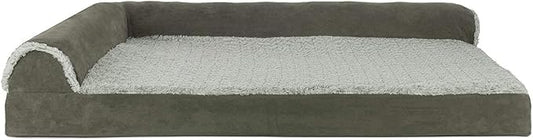 Furhaven Cooling Gel Dog Bed for Large Dogs w/ Removable Bolsters & Washable Cover, For Dogs Up to 95 lbs - Two-Tone Plush Faux Fur & Suede L Shaped Chaise - Dark Sage, Jumbo/XL-PurrikoPets