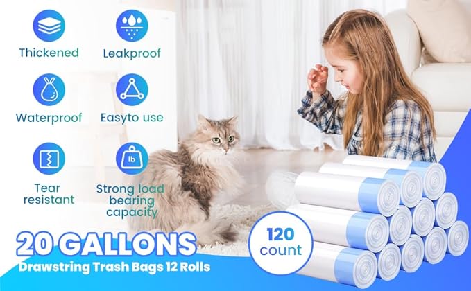 120 Pack Jumbo Cat Litter Bags-3MIL Extra Thick Leakproof Litter Box Liners, 37"x18" Heavy Duty Drawstring Cat Litter Liners for Automatic Litter Box, Odor Control Disposable Kitty Litter Bags 12 Roll-PurrikoPets