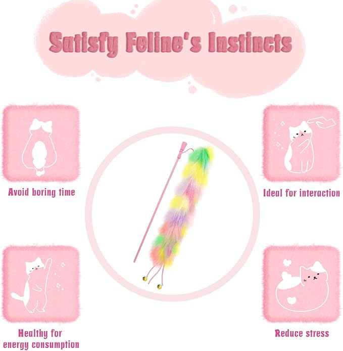 2 Pack Cat Wand Toy, Rainbow Cat Feather Toys with Bells, Teaser Wand with Soft Furry Tail, Interactive Toys for Indoor Cats & Kitten & Kitty-PurrikoPets