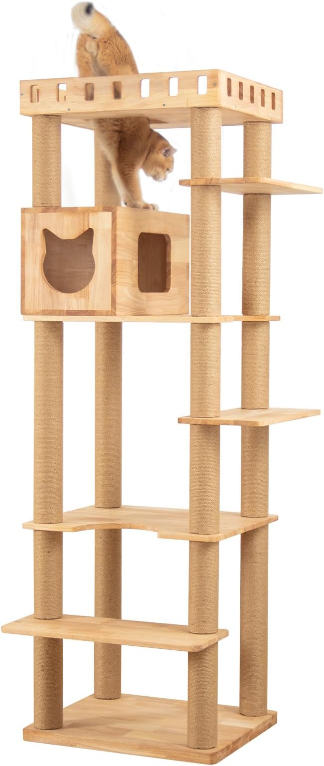 74" Wooden Cat Tree Tower for Large Cats, Multi-Level Cat Climbing Furniture with Scratching Posts, Cat Condo & Hammock, Natural Wood Cat Activity Center(Brown)-PurrikoPets