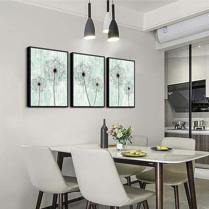 AHUASJART Black Framed Wall Art for Living Room Wall decor for Bedroom Room Decor light green background Pictures Dandelion Paintings posters kitchen Home Decorations 3 Piece Framed Prints Artworks-PurrikoPets
