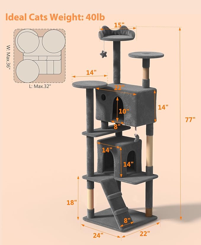 77'' Cat Tree Tower for Indoor Cats Large Adult, Cute/Tall Modern Cat Tree for Big Cats 20 lbs, Plush Multi-Level Cat Condo with Scratching Posts, Dangling Ball (Smoky Gray, 77 inch)-PurrikoPets
