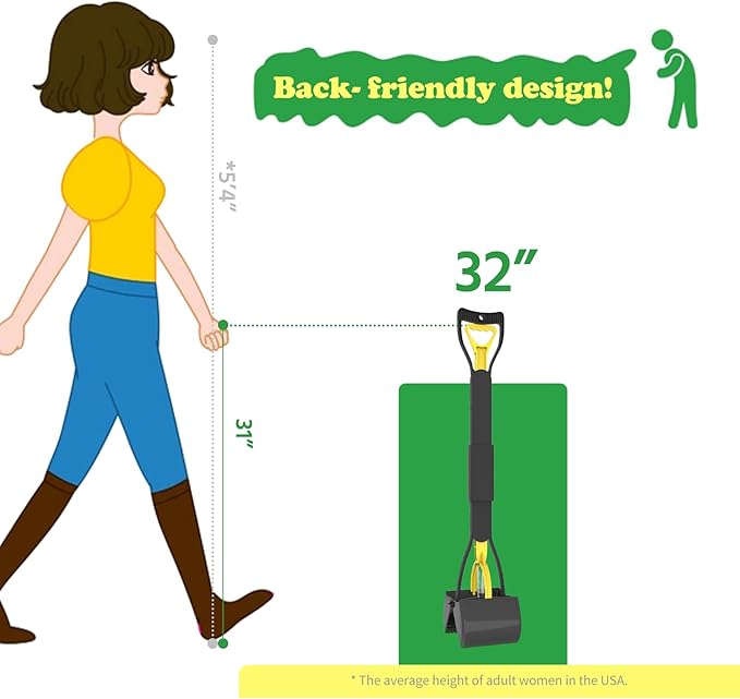 32" Heavy Duty Dog Pooper Scooper for Large Dogs, Extra Long Handle Foldable Poop Pick Up Tool with Durable Spring, Great for Yard, Lawns, Grass, Dirt, Gravel-PurrikoPets