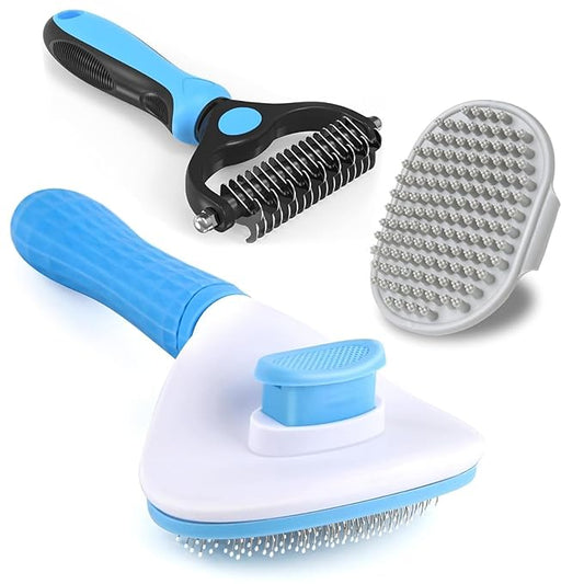 3PCS Dog Grooming Brush - Dog Brush for Shedding Massaging Bathing - Double Sided Shedding, Dematting Undercoat Rake - Self Cleaning Slicker Comb for Dogs and Cats with Long or Short Coats-PurrikoPets