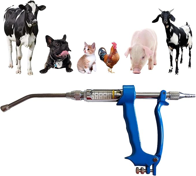10ML Veterinary Metal Feeding Gun, Continuous Drench Gun Dosing Device Veterinary Adjustable Medicine Dispenser Husbandry Autonomous Feeding Tool, for Pig Cow, Sheep, Horse (Blue, 10ML No Bottle)-PurrikoPets