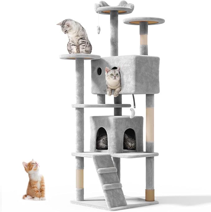 70'' Cat tree Tower for Indoor Cats Large Adult,Cute/Tall Modern Cat Tree for Big Cats 20 lbs,Plush Multi-Level Cat Condo with Scratching Posts,Dangling Ball for fun play(Light Gray, 70 inch)-PurrikoPets