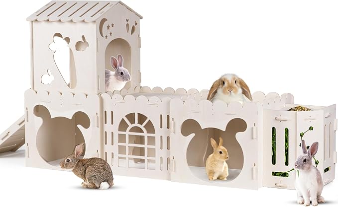 Extra Large Rabbit House, Wooden Bunny House Hideout with 4 Houses and Hay Feeder Indoor, Rabbit Guinea Pig Hideout Multistory Climbing Tower Sturdy Wooden Castle, Small Animal Hideaway Tunnel-PurrikoPets