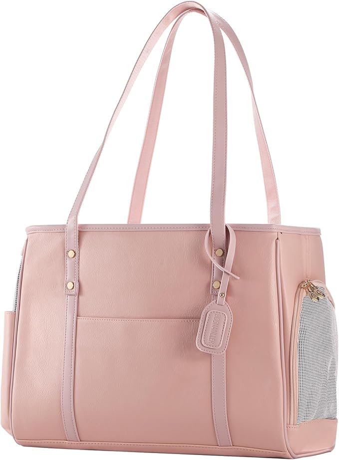 Fashion Dog Carrier Purse, Premium Leather Cat Carrier Bag, Airline Approved Soft Sided Pet Travel Tote Bag with Pockets Pink-PurrikoPets