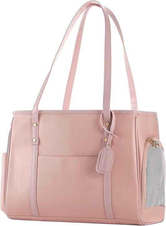 Fashion Dog Carrier Purse, Premium Leather Cat Carrier Bag, Airline Approved Soft Sided Pet Travel Tote Bag with Pockets Pink-PurrikoPets