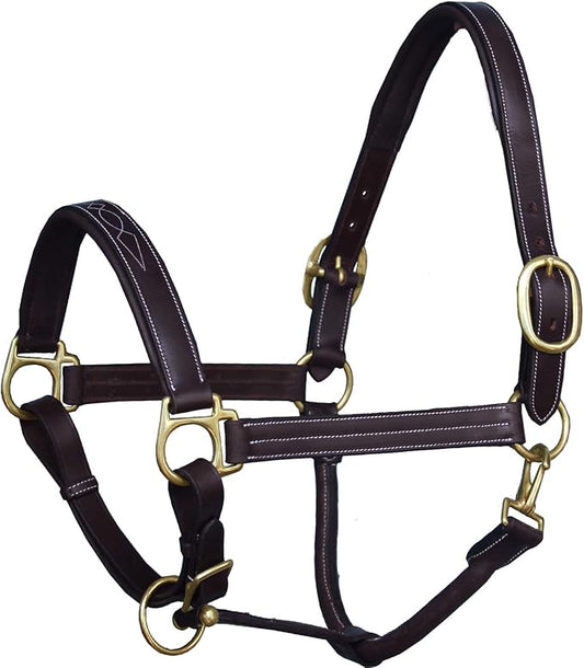 Exion Leather Horse Halter with Fancy Stitching | Black & Brown Padded Halter with Brass Hardware | Quick-Release Snap | Adjustable Leather Halter – Cob, Full, Over, Pony Sizes-PurrikoPets