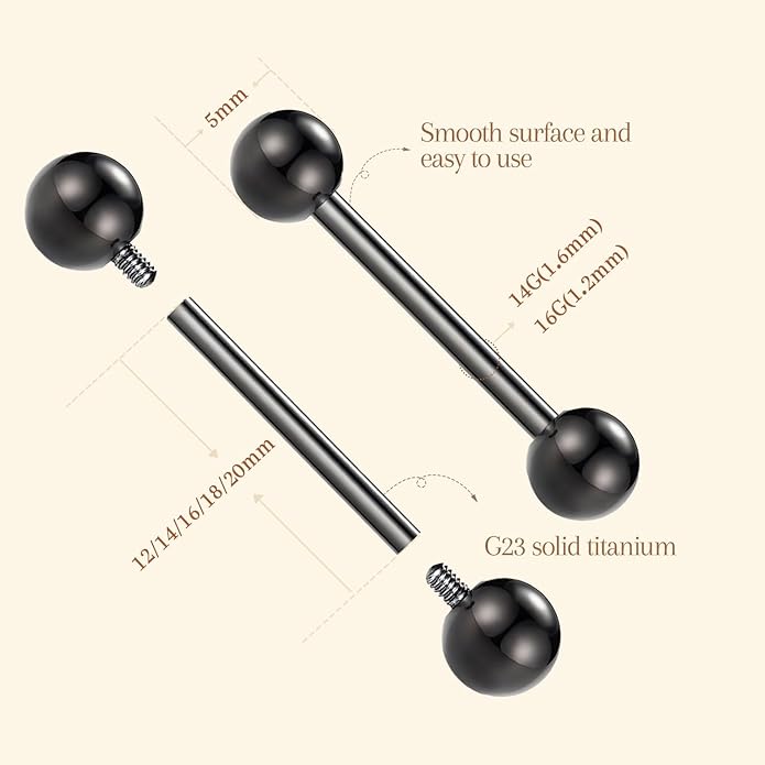 AROWRO Nipple Piercing Jewelry G23 Titanium Nipple Rings Tongue Rings Nipple Bar 14G Internally Threaded Straight Barbells Bridge Piercing Jewelry 12mm-20mm
