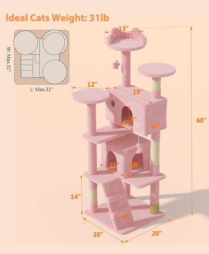 60'' Cat Tree Tower for Indoor Cats Large Adult,Cute/Tall Modern Cat Tree for Big Cats 20 lbs, Plush Multi-Level Cat Condo with Scratching Posts,Dangling for Fun Play (Soft Pink, 60 inch)-PurrikoPets