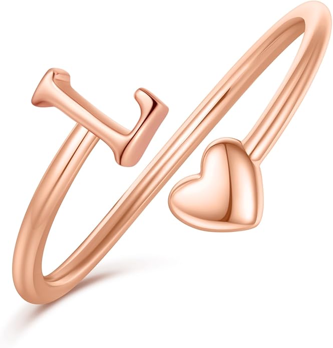 Initial Rings for Women Girls - Valentines Day Gifts for Her, Adjustable Rings for Women Non Tarnish Letter A-Z Dainty Heart Ring Teen Girls Gifts Trendy Stuff Personalized Jewelry Gift