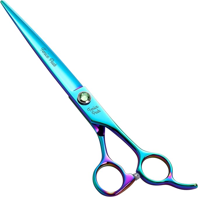 Fenice Peak 7.5'' Green Straight Dog Grooming Scissors Pet Shears with Ergonomic Offest Handle and Simulated Emerald Screw 440C Grooming Scissors Trimming Shears Durable and Sharp-PurrikoPets
