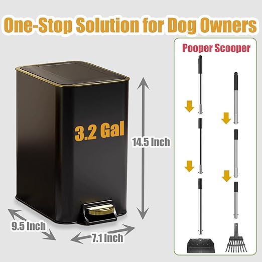 Dog Poop Trash Can Outside Stainless Steel - Metal Pooper Scooper Set - 12L Dog Waste Trash Can Outdoor with Pedal - Backyard, Yard - Removable Inner Bin, Long Handle Tray and Rake - Black and Gold-PurrikoPets