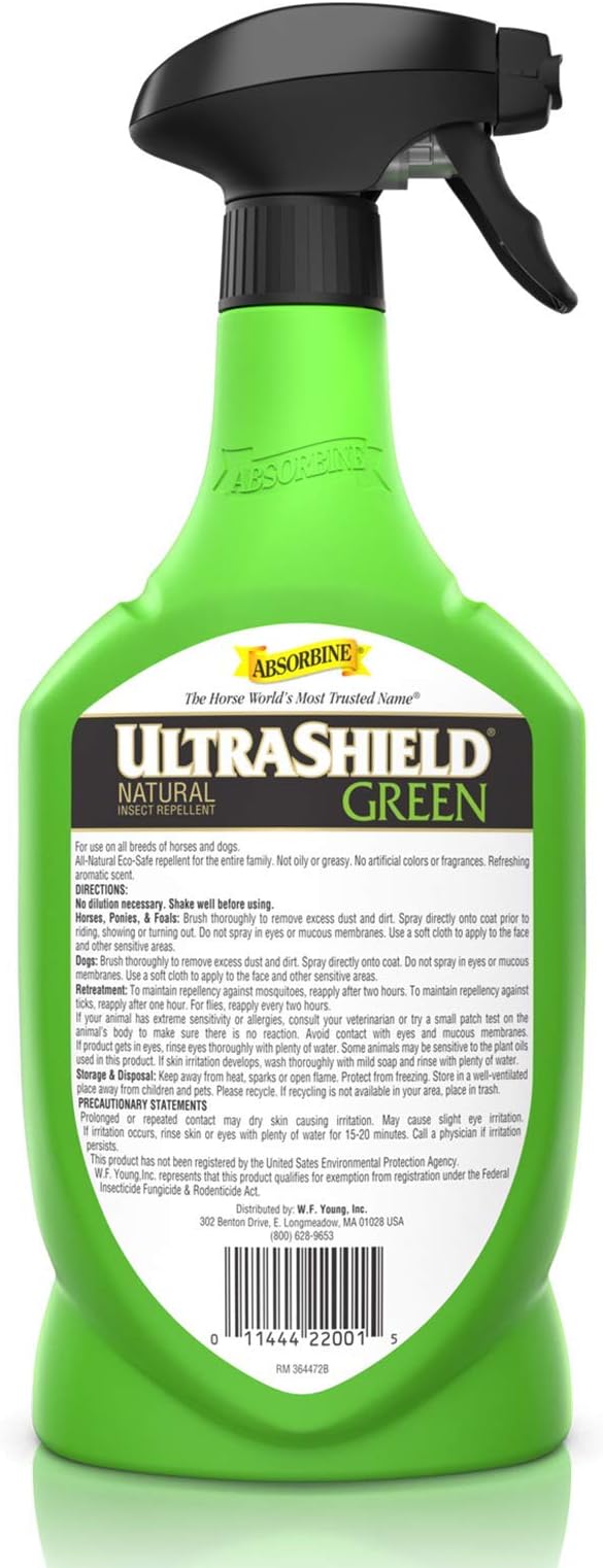 Absorbine UltraShield Green All-Natural Fly & Insect Repellent for Horses & Dogs, Essential Oils Repel & Control, 32oz Spray Bottle-PurrikoPets