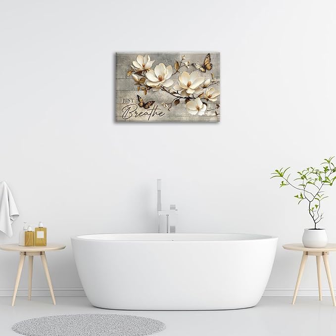 Floral Magnolia Bathroom Pictures Wall Art, Just Breathe Bathroom Wall Decor, Flower Butterfly Framed Painting Canvas Artwork for Bedroom Living Room Decorations 24"L x 16"W-PurrikoPets