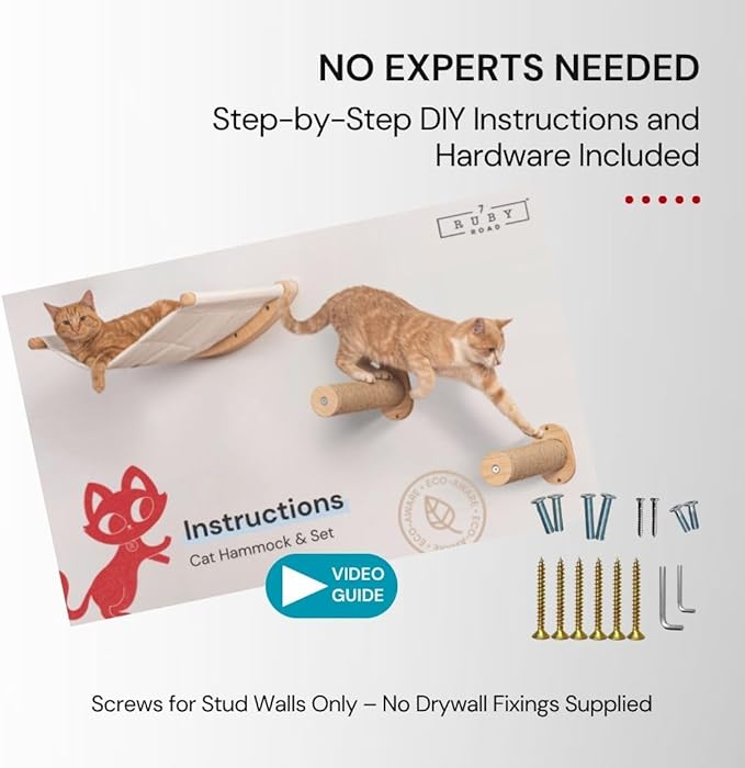 7 Ruby Road Cat Hammock Wall Mounted Shelf with Two Steps Set - Wall Shelves and Perches for Sleeping, Playing, Climbing and Lounging - Modern Cat Bed & Furniture for Indoor and Large Cats or Kitty-PurrikoPets