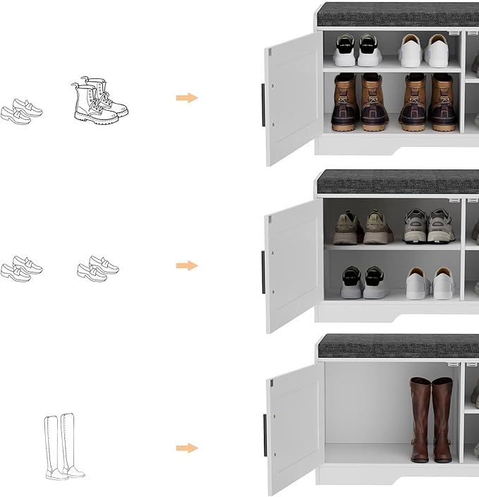 2-Tier Storage Bench, Shoe Bench with Thickened Padded Seat Cushion, Entryway Bench with 2 Doors, Adjustable Shelf, 13.8" D x 37.4" W x 18.5" H, for Entryway, Living Room, Bedroom, White-PurrikoPets