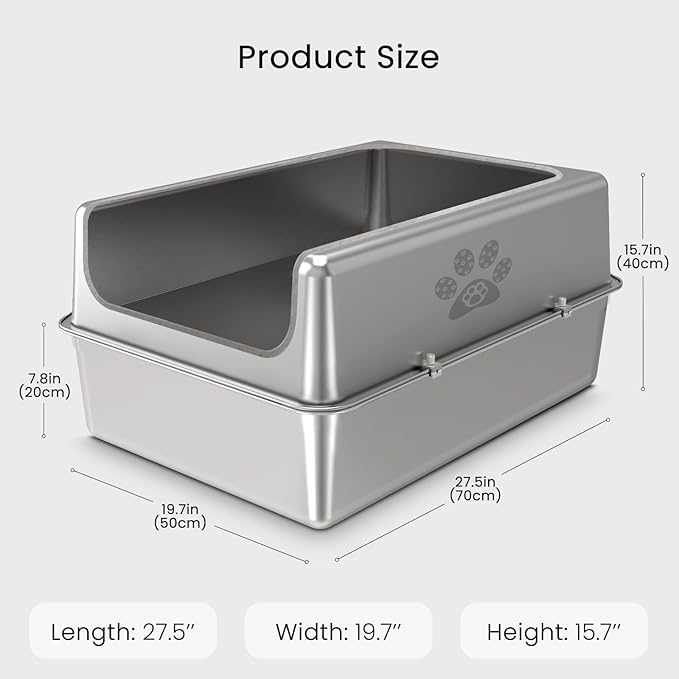Enclosed Stainless Steel Cat Litter Box with Lid, Oversize Metal Litter Box for Multi Cats, XXXL Supersize Cat Toilet with High Side, Non-Stick, Anti-Leakage, Odorless, with Litter Mat & Litter Scoop-PurrikoPets