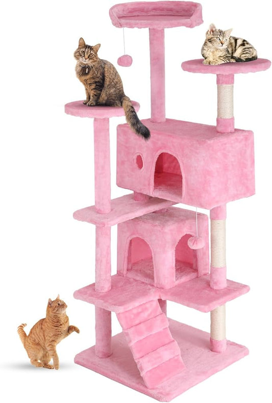 FDW Cat Tree 54in Cat Tower Multi-Level Durable Cat Scratching Post & Cozy Fun Cat Jumping Platform Space Saving Cat Condo Pet Play House for Indoor Cats,Pink-PurrikoPets