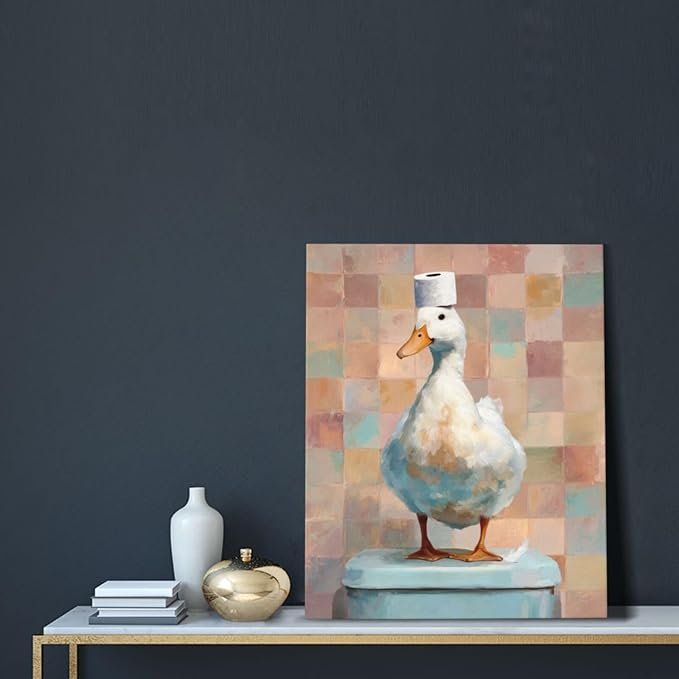 Funny Duck Bathroom Wall Art Cute Duck on Toilet Canvas Wall Decor Funny Quirky Farm Animal Pictures Painting Print Framed Artwork Decorations Gifts for Bathroom 16"x20"-PurrikoPets