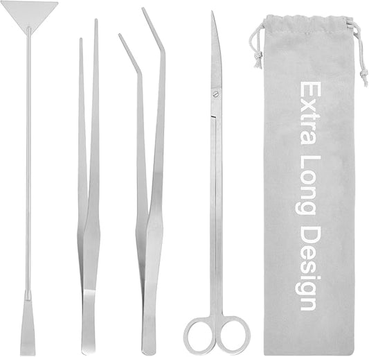 15Inch Extra Long Design Aquarium Aquascaping Tool Stainless Steel Aquascape Tools Kit 4 in 1 Anti-Rust Fish Tank Starter Kit with Long Tweezers Scissors Spatula for Aquarium Plants (Silver)-PurrikoPets