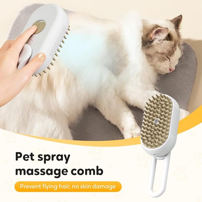 3-In-1 Rechargeable Steamy Cat Brush, Deep Cleaning & Hair Removal System with Rotating Handle, 360° Massage for Cats & Dogs (Cream)-PurrikoPets