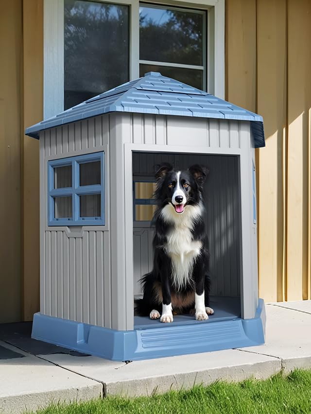 DRATO Dog House Indoor Outdoor Durable Large Dog Shelter with Outside Dog Kennel with Window and Elevated Floor for Small Medium Dogs (Blue, by)-PurrikoPets