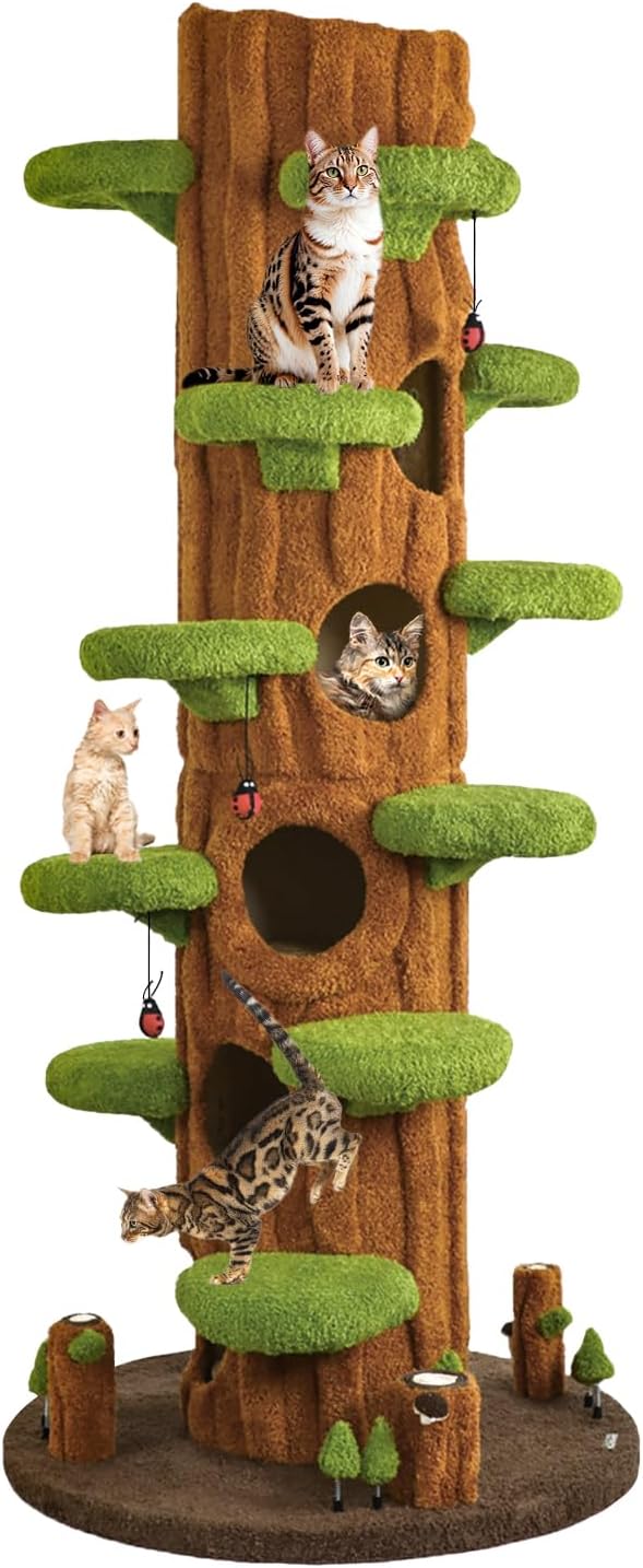 90.5'' Luxury Cat Tree with Scratching Pad, Wooden Cat Tower for Indoor Cats, Large Climber Tower, Tall Kitty Furniture, Multi-Level Condo for Multi-Cat Families-PurrikoPets