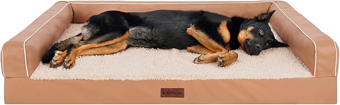 FurHaven Orthopedic Dog Sofa Bed – Memory Foam Couch with Bolsters, Textured Plush & Water-Resistant Cover, Washable Cover, Joint Support - Camel, Jumbo Plus-PurrikoPets