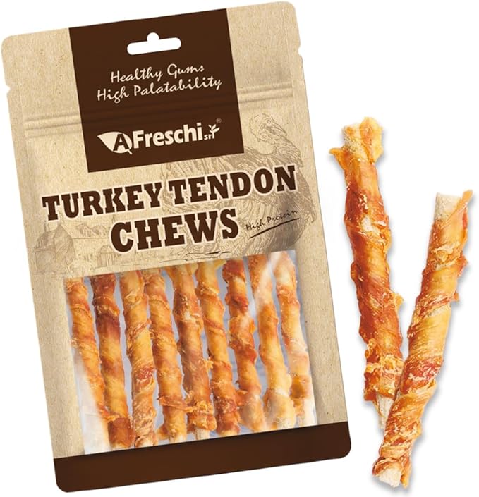 Afreschi Wrapped Turkey Tendon with Brown Rice Stick 3.5 oz, USA-Sourced Turkey Tendon, Dog Treats for Wrapped Series, All Natural Human Grade Dog Treat, Hypoallergenic, Rawhide Alternative-PurrikoPets