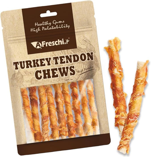 Afreschi Wrapped Turkey Tendon with Brown Rice Stick 3.5 oz, USA-Sourced Turkey Tendon, Dog Treats for Wrapped Series, All Natural Human Grade Dog Treat, Hypoallergenic, Rawhide Alternative-PurrikoPets