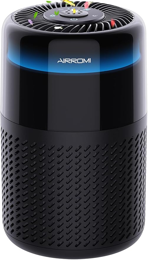 AIRROMI Air Purifier for Bedroom Home,HEPA Filter,Covers Upto 549 Ft²,Quiet 360°intake Air Cleaner with Fragrance ponge for Better Sleep,Night Light,Filters Smoke,Pet Dander,Allergies,Dust,A2005 Black-PurrikoPets