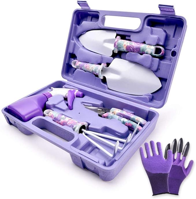 6 Pieces Garden Tools Set Planting Tools, Non-Slip Handle with Anti-Rust Trowel, Cultivator, Pruning Shear, Water Sprayer and Carrying Case, Gloves with Claws-PurrikoPets