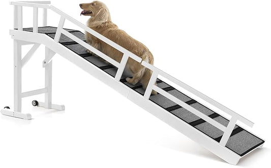 Dog Ramp for Bed or Couch, Wooden Pet Ramp with 20° Gentle Slope, Removable Side Rails, Non-Slip Surface, Top Platform & Wheels, Safe Bed Ramp for Small, Medium & Senior Dogs, 74" Long, White-PurrikoPets