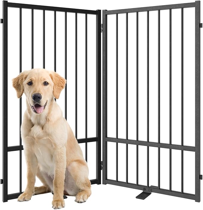Full Metal Freestanding Dog Gate with Door, 36''Height Foldable Pet Dog Fence for Indoor & Outdoor, 2 Panels Extra Wide Free Standing TallDog Gates for Doorways,House,Stairs,Porch,Deck,Yard-PurrikoPets