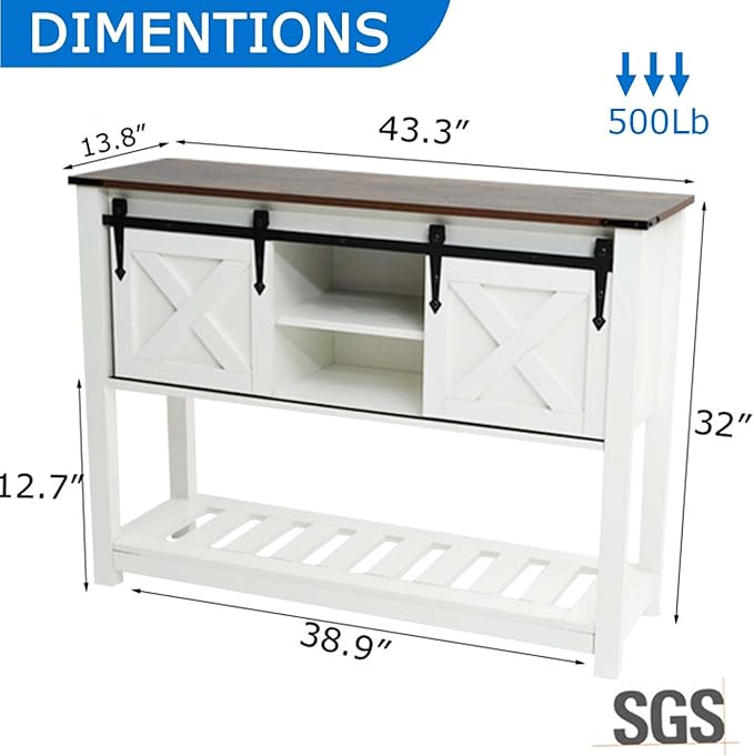 Entryway Table with Storage, Farmhouse Buffet Cabinet Coffee Bar Kitchen Island with Sliding Barn Doors & Shelves, Console Table for Kitchen, Dining Room, Living Room, White-PurrikoPets