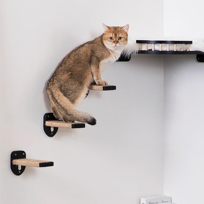 3-in-1 Cat Wall Steps - Climbing Wall Furniture & Shelves with Hemp Rope, Solid Wood Cat Ladder (Standard-Black)-PurrikoPets