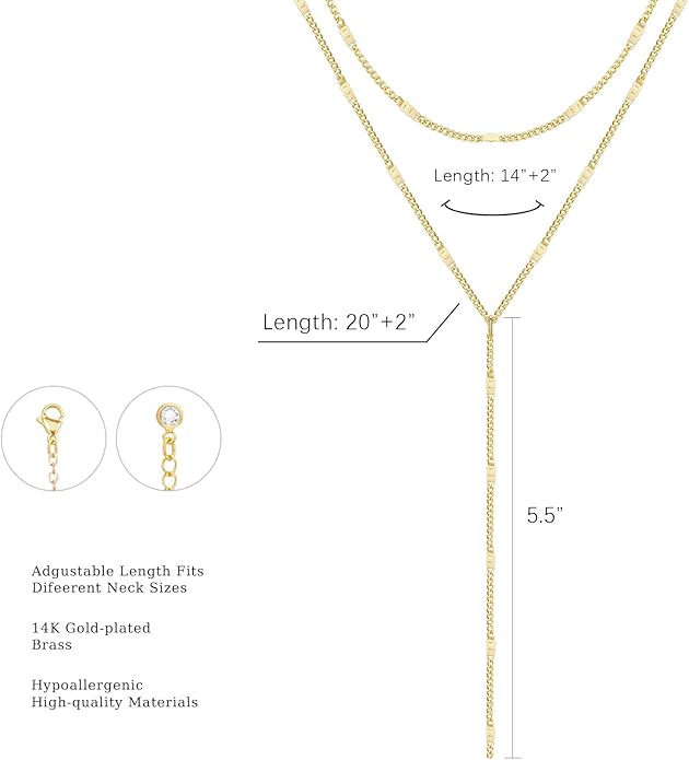 Lariat Silver/Gold Necklace for Women 925 Silver/14K Gold Plated Dainty Long Necklace Y-Shaped Drop Pendant Necklaces Choker Trendy Chain Simple Layered Necklaces CZ Jewelry for Women Set Gift
