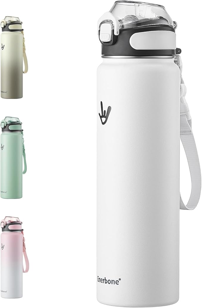 Enerbone 32 oz Insulated Water Bottle, Stainless Steel Bottle with Carrying Strap, Double-Wall Vacuum Insulation Design, Leakproof Sports Bottle with Straw, Keep Drinks Cold or Hot for Hours-PurrikoPets