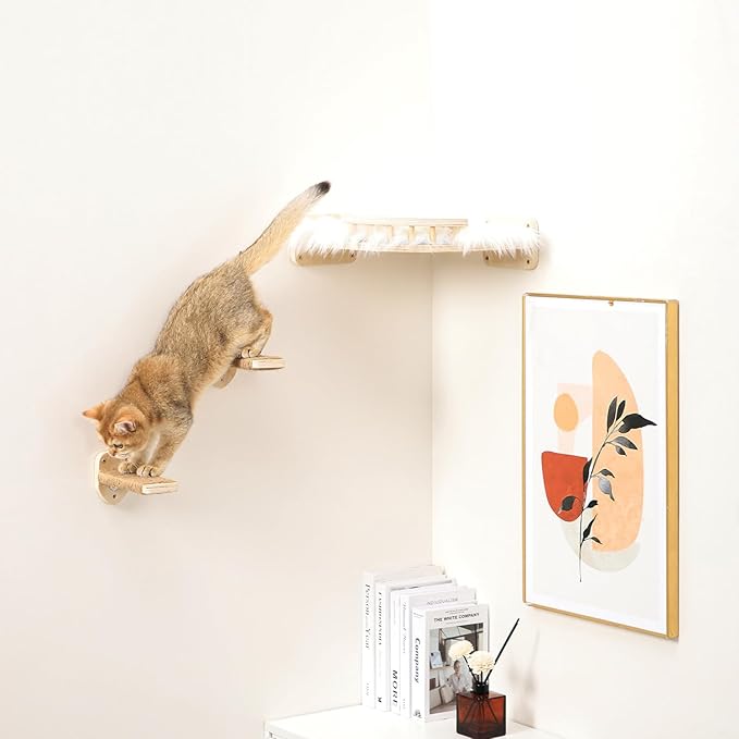 3 Pcs Cat Wall Steps, Cat Shelves and Perches for Wall, Wall-Mounted Cat Climbing Shelf with Hemp Rope Covered, Cat Wall Furniture Steps Set with Scratching Pads for Cats Playing and Climbing (Wood)-PurrikoPets