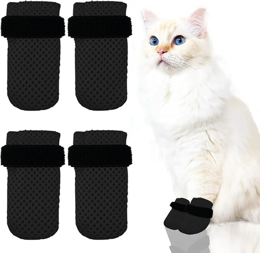 4 PCS Cat Mittens to Prevent Scratching,Mesh Breathable Cat Shoes,Adjustable Cats Anti Scratch Gloves,Suitable for Cats When Bathing and Nail Trimming (Black, L)-PurrikoPets