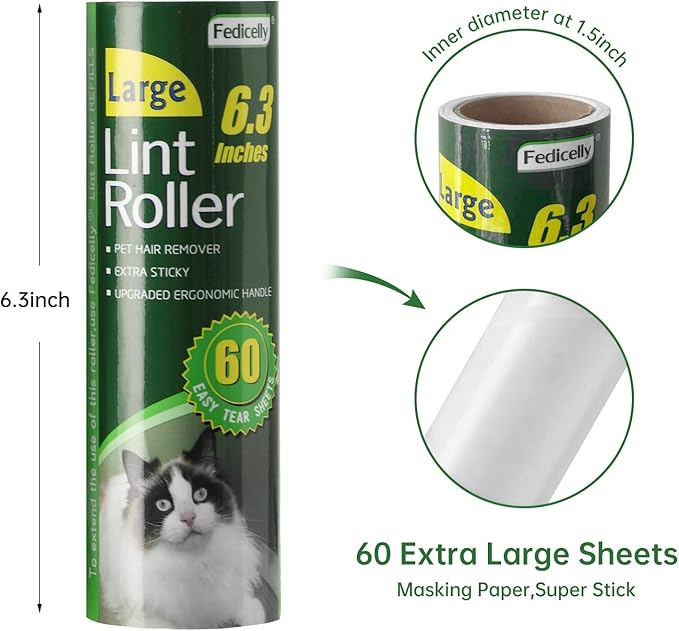 Fedicelly Large Lint Rollers Pet Hair Extra Sticky Refills,Mega Value Set 6.3 inches Wider with 320 Sheets for Cat and Dog Hair Removal,80 Sheets Per Roller (Pack of 4)-PurrikoPets